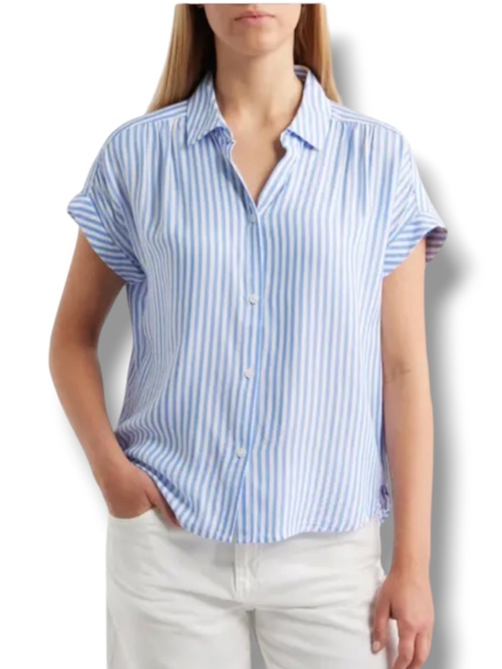 Beachlunchlounge Women’s Blue White Vertical Stripes Button Down Shirt Nautical